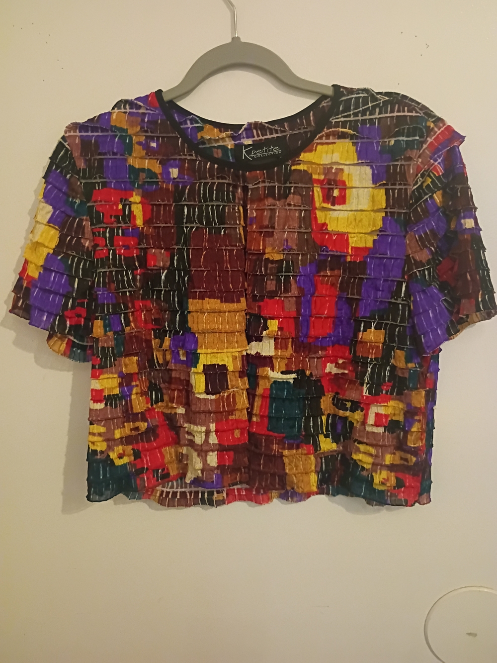 K Petite Collection Tiered Multicolor Smocked Crop Open Front Top Sz 8P